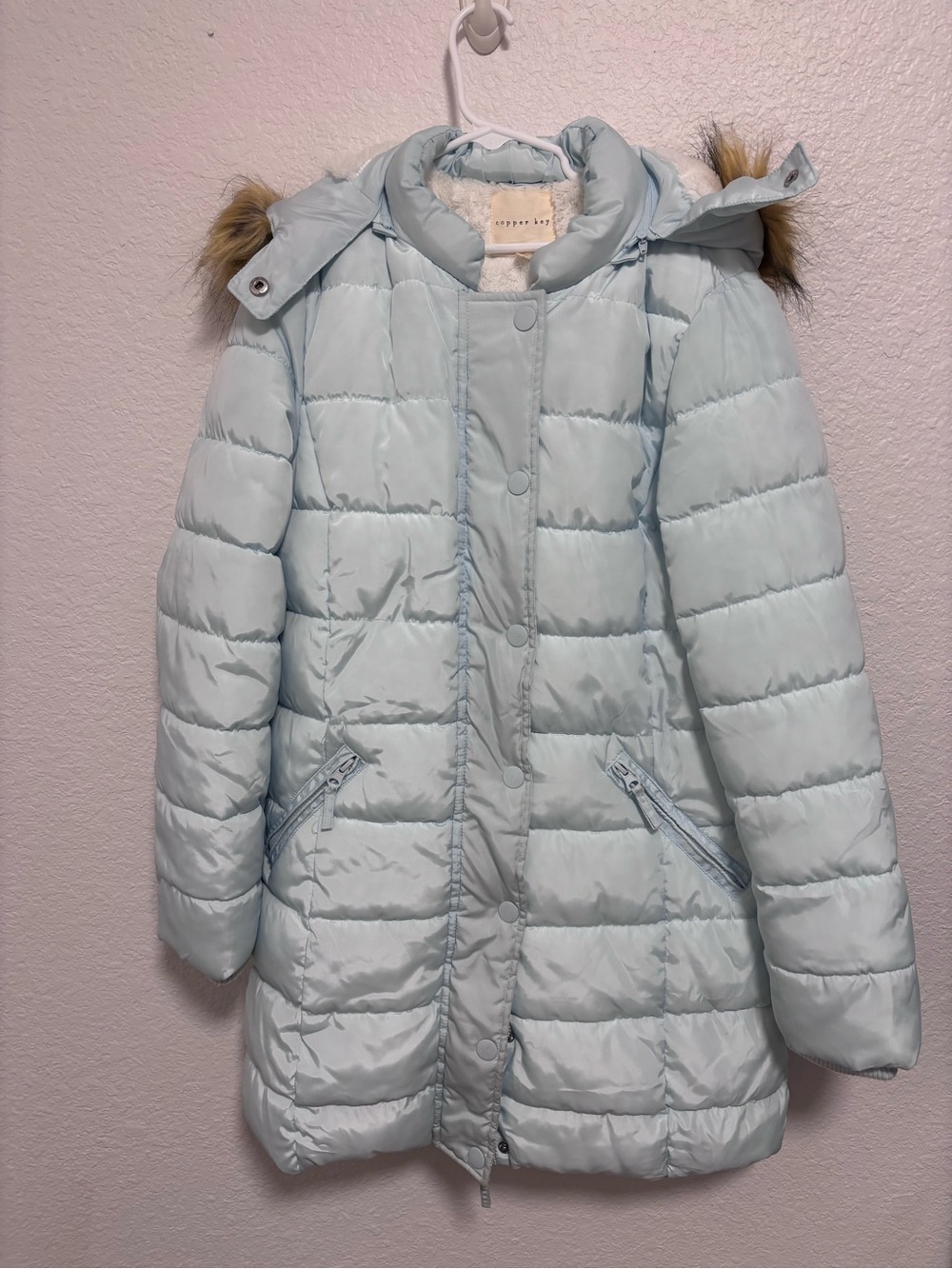Light Blue Girls' Puffer Coat with Faux Fur Hood